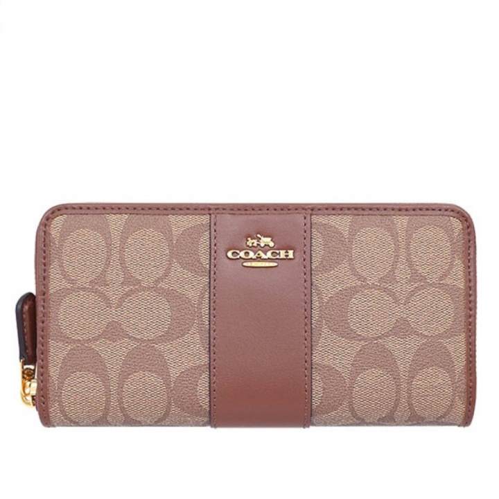 COACH กระเป๋า ACCORDION ZIP WALLET IN SIGNATURE COATED CANVAS WITH LEATHER STRIPE F54630 IME74 (IM/KHAKI/SADDLE 2)
