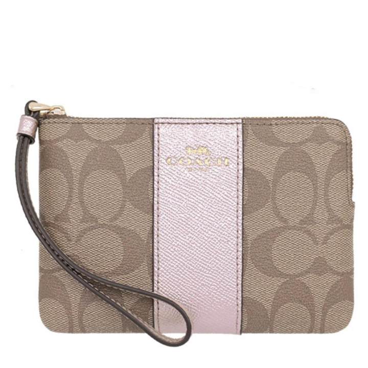 Coach กระเป๋าคล้องมือ COACH F58035 CORNER ZIP WRISTLET IN SIGNATURE COATED CANVAS WITH LEATHER STRIPE