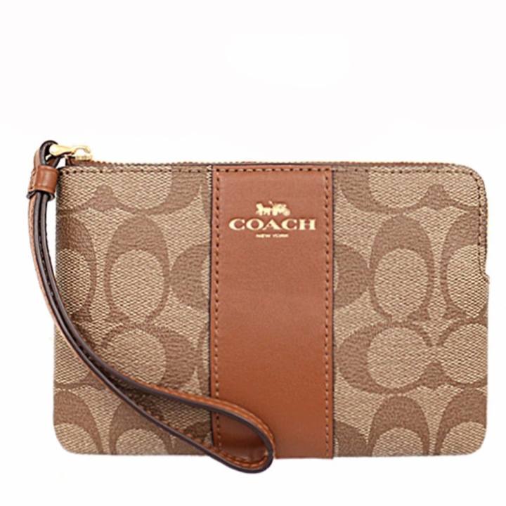 Coach กระเป๋าคล้องมือ COACH F58035 CORNER ZIP WRISTLET IN SIGNATURE COATED CANVAS WITH LEATHER STRIPE