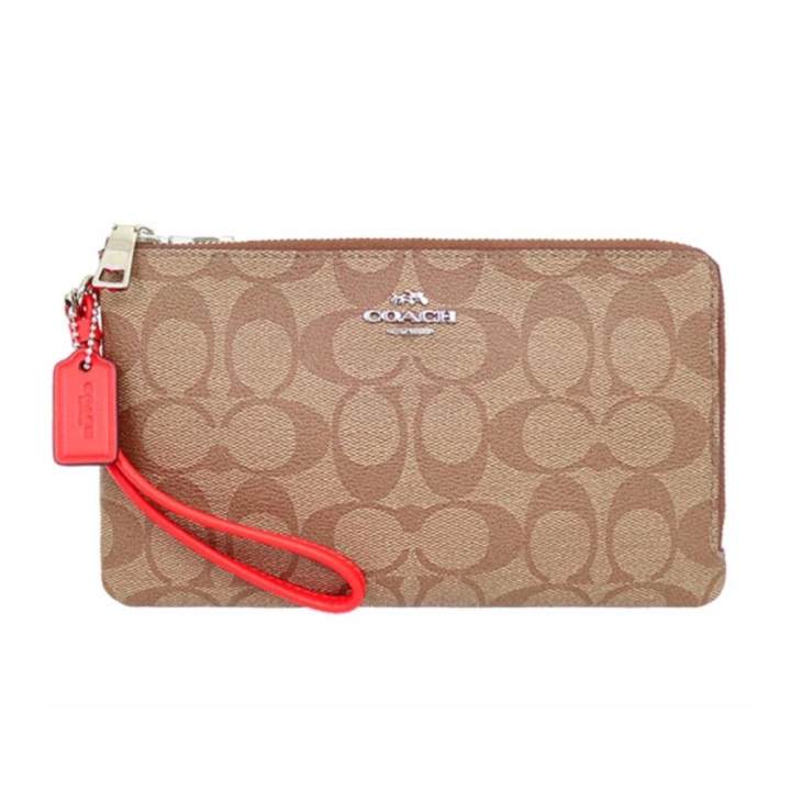 COACH กระเป๋าคล้องมือ DOUBLE ZIP WALLET IN SIGNATURE COATED CANVAS F16109 SVC8 (SV/Khaki Bright Orange)