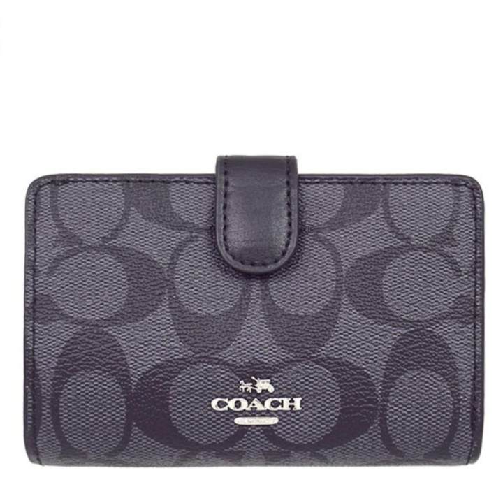 COACH กระเป๋าสตางค์ MEDIUM CORNER ZIP WALLET IN SIGNATURE COATED CANVAS F23553 SVDK6 (Black Smoke/Black)