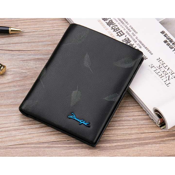 DEELFEL GS03-V แนวนอน กับ แนวตั้ง กระเป๋าสตางค์ผู้ชายหนังแท้ กระเป๋าสตางค์ใบสั้น สีดำ ลายขนนก กระเป๋าเงิน กระเป๋าถือ (พร้อมส่งในประเทศ)