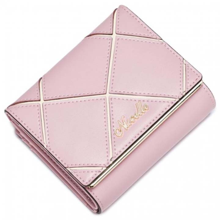 (สินค้านำเข้า) กระเป๋าสตางค์หนังแท้ Nucelle แท้กระเป๋าสตางค์เงินกระเป๋าสตางค์คลัทช์กระเป๋าตาข่ายกริดสั้นผู้หญิงใหม่ (สีชมพู)