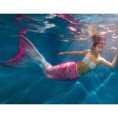 Kids Girls Swimmable Mermaid ชุดนางเงือก ชุดว่ายน้ำเด็กผู้หญิง หางนางเงือก รุ่น Flower + ตีนกบ (สีชมพู)