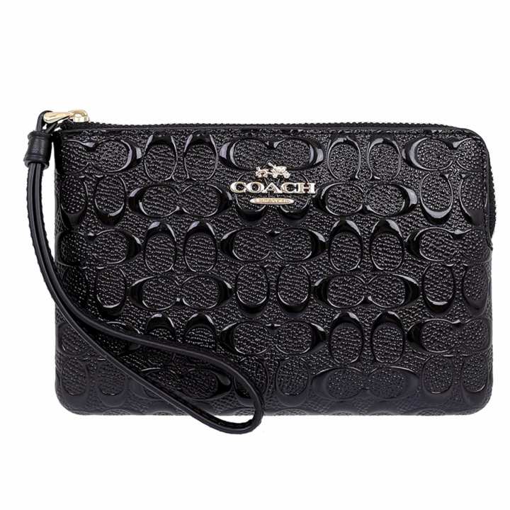กระเป๋า COACH F58034 CORNER ZIP WRISTLET IN SIGNATURE DEBOSSED PATENT LEATHER (IMBLK)