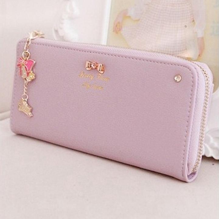 กุทัณฑ์ ใหม่ผู้หญิงออกแบบแฟชั่นเครื่องหนังแข็งเหรียญเลดี้ผู้ถือบัตรกระเป๋า โบว์วันคลัทช์กระเป๋าซิปยาว กระเป๋าสตางค์ (สีม่วง)