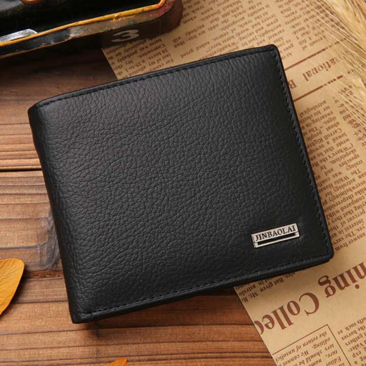 Leather Inc Jinbaolai กระเป๋าสตางค์2พับมีช่องใส่เหรียญ หนังแท้ รุ่น B-55526-1b(สีดำพร้อมกล่อง)