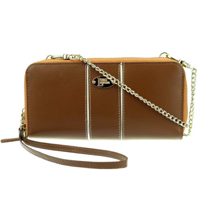 Louis Montini Chain Clutch (Women’s clutch wallet) กระเป๋าสตางค์ซิปคู่ หนังวัวแท้ กระเป๋าสะพายไหล่ผู้หญิง มีโซ่ และสายคล้องมือ (WL11-02) - น้ำตาล