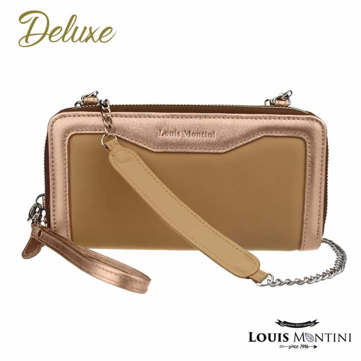 Louis Montini Deluxe Chain Clutch (Women’s clutch wallet) กระเป๋าสตางค์ซิปคู่ หนังวัวแท้ กระเป๋าสะพายไหล่ผู้หญิง มีโซ่ และสายคล้องมือ (WL11-06S) - ROSE GOLD