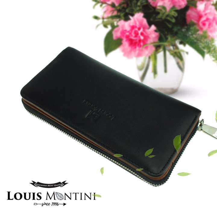 Louis Montini ( Zip-Around ) กระเป๋าสตางค์ผู้หญิง หนังวัวแท้ ซิปรอบ แต่งช่องเพิ่มด้านข้าง หนังแท้ Women's Wallet WL20-02 - ดำ/น้ำตาล