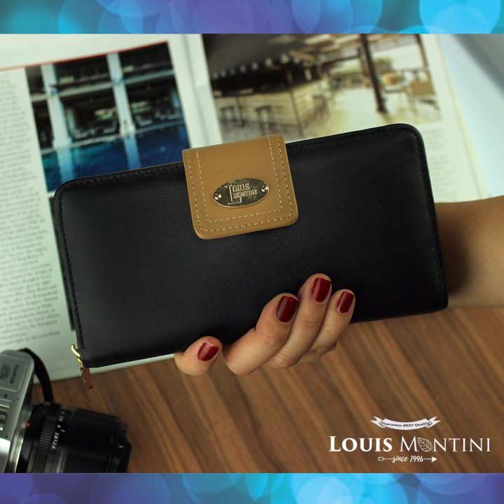 Louis Montini ( Zip-Around ) กระเป๋าสตางค์ผู้หญิง หนังวัวแท้ ซิปรอบ แต่งช่องเพิ่มด้านข้าง หนังแท้ Women's Wallet WL21-03 - ดำ/เหลืองมัสตาร์ด