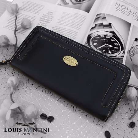 Louis Montini ( Zip-Around ) กระเป๋าสตางค์ผู้หญิง หนังวัวแท้ ซิปรอบ หนังแท้ Womens wallet WL15-01 - สีดำ