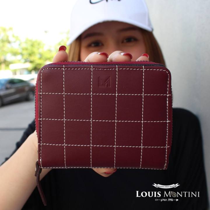 Louis Montini ( Zip-Around ) กระเป๋าสตางค์ผู้หญิง ใบสั้น หนังวัวแท้ ซิปรอบ หนังแท้ Women's wallet WL16-03 - สีแดงเลือดหมู