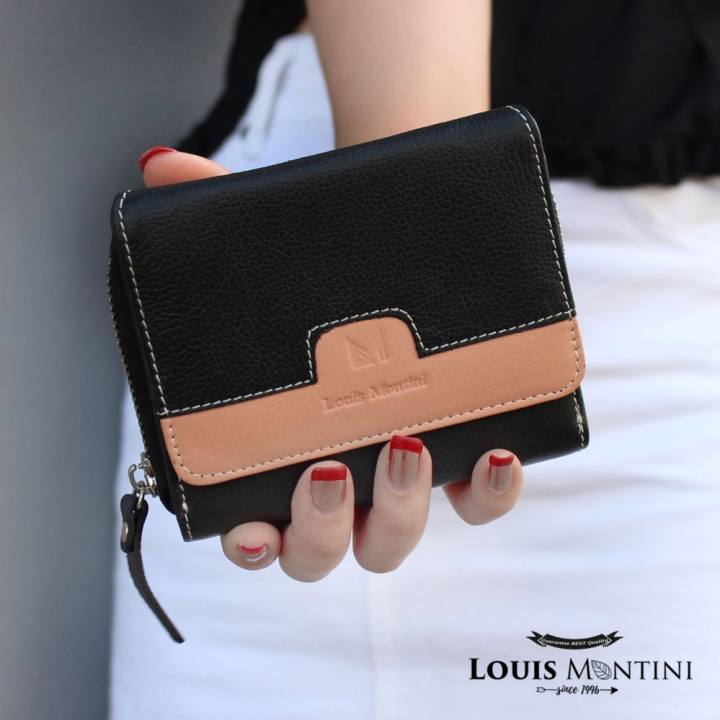 Louis Montini ( Zip-Around ) กระเป๋าสตางค์ผู้หญิง ใบสั้น หนังวัวแท้ ซิปรอบ หนังแท้ Women's wallet WL16-04 - สีดำ