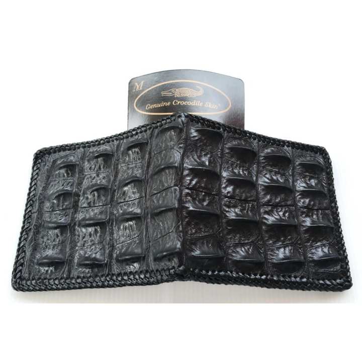 MCROC กระเป๋าสตางค์หนังจระเข้แท้ ถักขอบ ส่วนกระดูกสันหลัง สีดำ