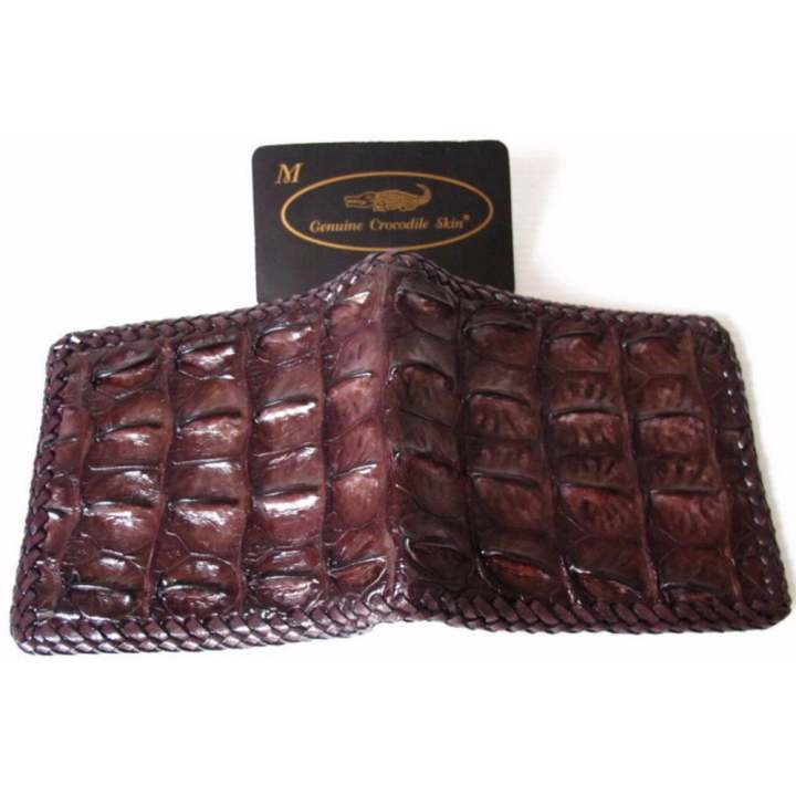 MCROC กระเป๋าสตางค์หนังจระเข้แท้ ถักขอบ ส่วนกระดูกสันหลัง สีน้ำตาล