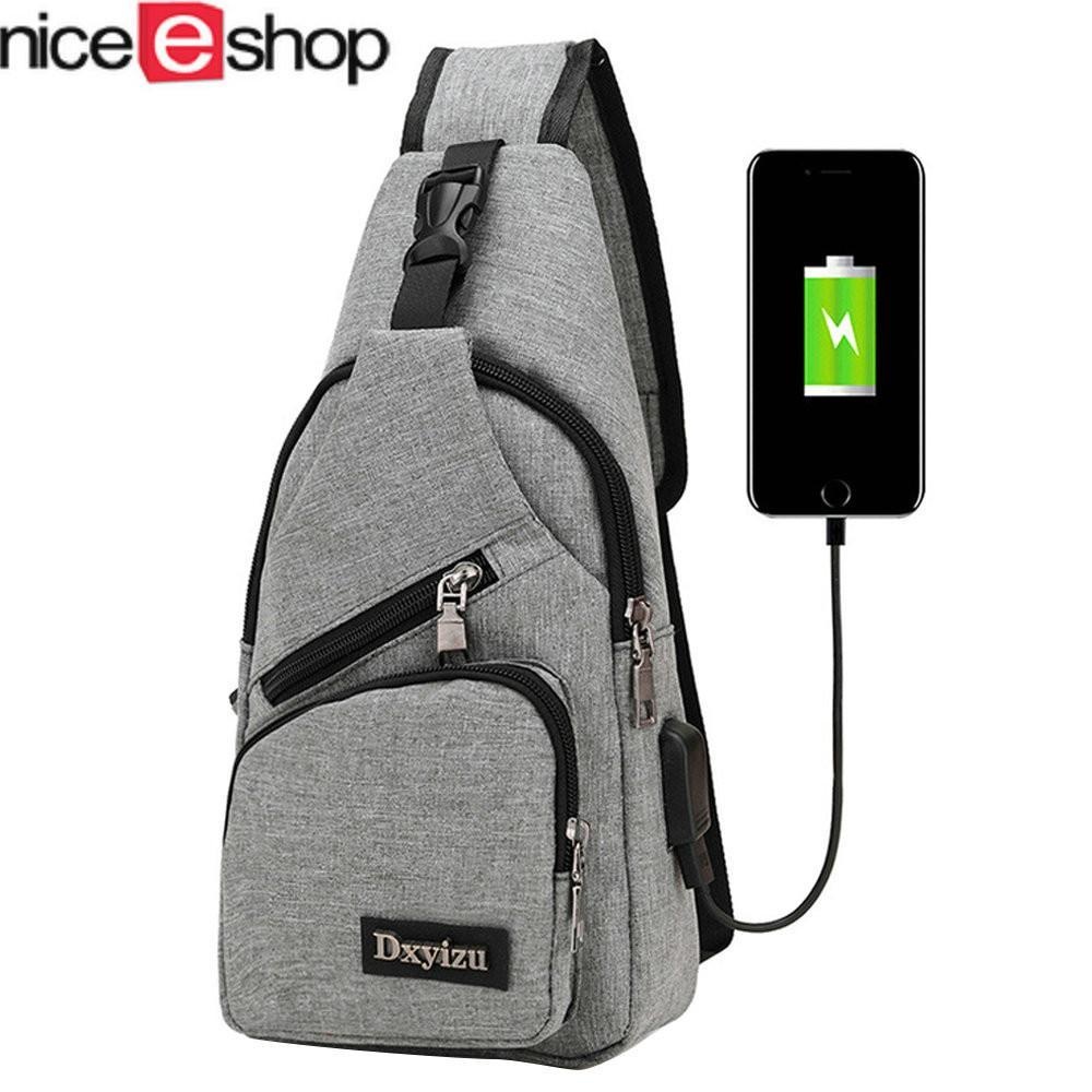 NiceEshop ผ้าใบกระเป๋าสะพายเฉียง USB ชาร์จไฟนีออน EL กระเป๋าเอกสาร, สีเทา - INTL
