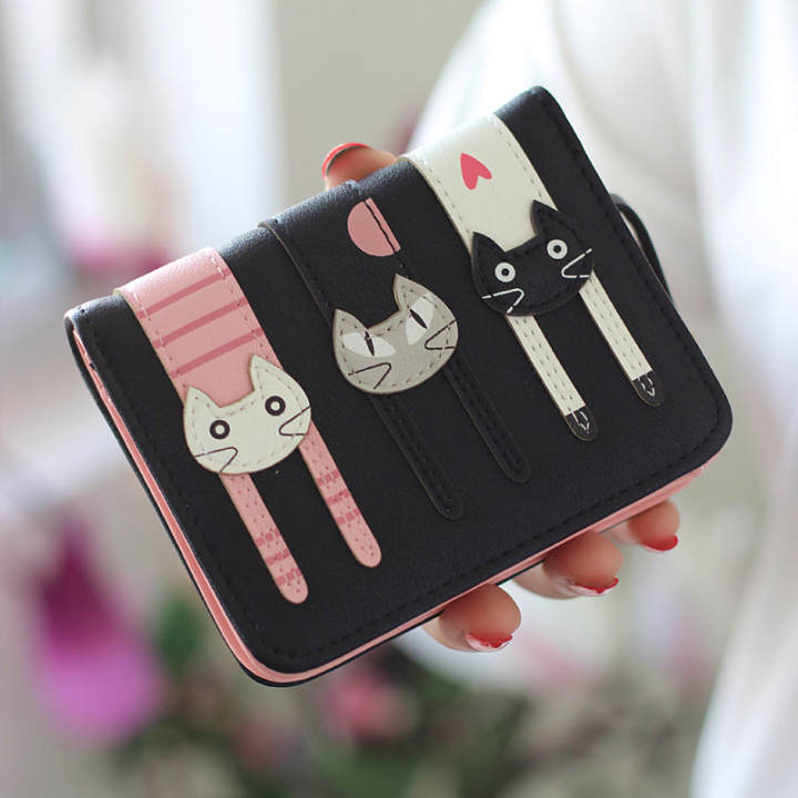 FANDIPIN กระเป๋าสตางค์สตรีใบสั้นน่ารัก (สีดำย่อหน้าสั้นๆจุด)