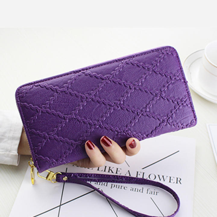 กระเป๋าสะตางค์ขนาดยาว ลายตาราง สไตล์ผู้หญิงเกาหลี (สีม่วง) (สีม่วง)