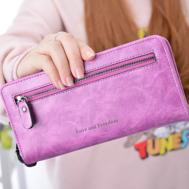 YKSS กระเป๋าสตางค์ใบยาว มีซิป สำหรับสตรี สไตล์เกาหลี แบบย้อนยุค (สีม่วง)