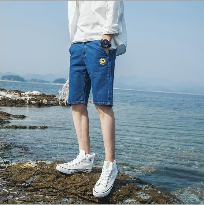 พุดดิ้ง Baggy ยีนส์ทรงตรงกางเกงขาสั้นสีฟ้า - INTL