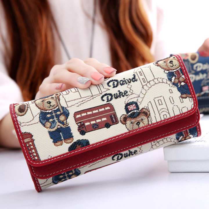 Wichu Bag กระเป๋าเงินผู้หญิง กระเป๋าสตางค์ใบยาว กระเป๋าสตางค์ตามวันเกิด ลายหมี รุ่น LW-032 (สีเเดง)