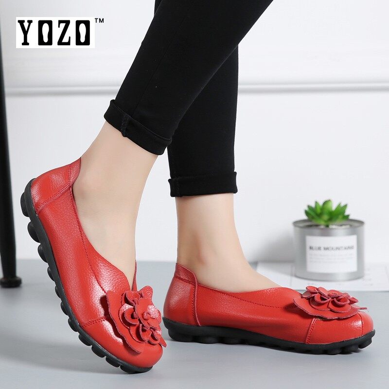 Yozo Kulit Asli Nyaman Sepatu Wanita Ibu Sepatu Wanita Sepatu Balet Sepatu Loafer Tergelincir Wanita Datar Sepatu Tari Besar ukuran 35-44 Meter-Internasional