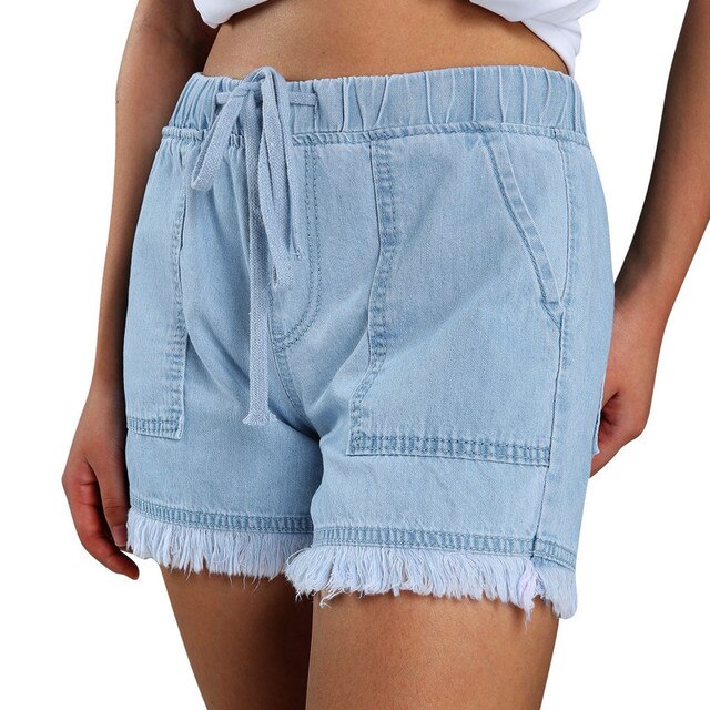 Women's Washed Denim Shorts, Casual Drawstring Elastic Waist Frayed Hem Loose Short Jeans