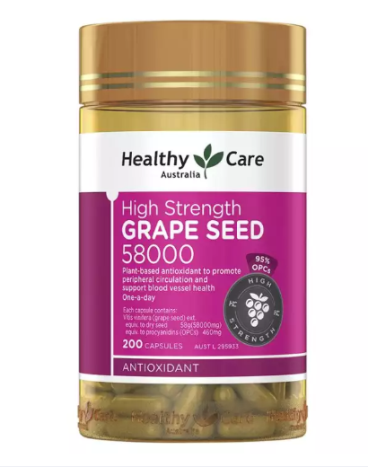 แพคเกจใหม่ Healthy care grape seed 58000 mg 200 capsules เมล็ดองุ่นเข้มข้น เฮลตี้แคร์ จากออสเตรเลีย บำรุงผิว