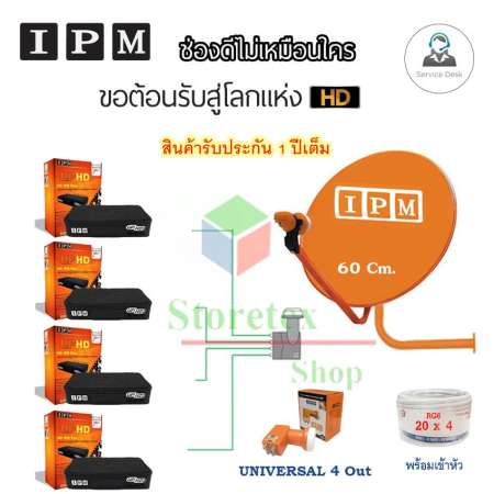 ชุดจานดาวเทียม IPM 60 cm.พร้อมอุปกรณ์ครบชุด LNB 4 จุด + IPM UP HD2 Myanmar x4 พร้อมสาย 20m.x 4