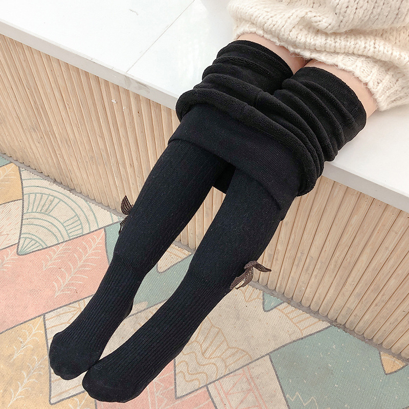 Baby Girls Leggings Winter Fleece Warm Tights Pants Black Bow Kids