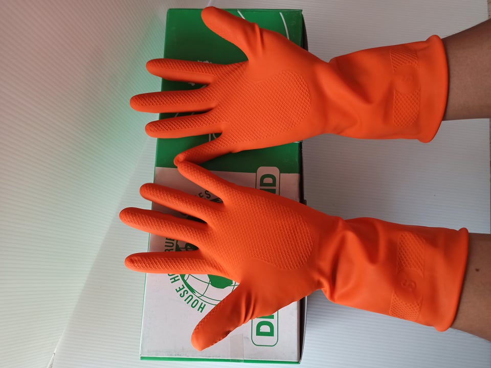 ถุงมือยาง สีส้ม ถุงมือยาว ถุงมืออย่างดี ขนาดยาวพิเศษ ไซส์ S M L แพ็ค 6 คู่
