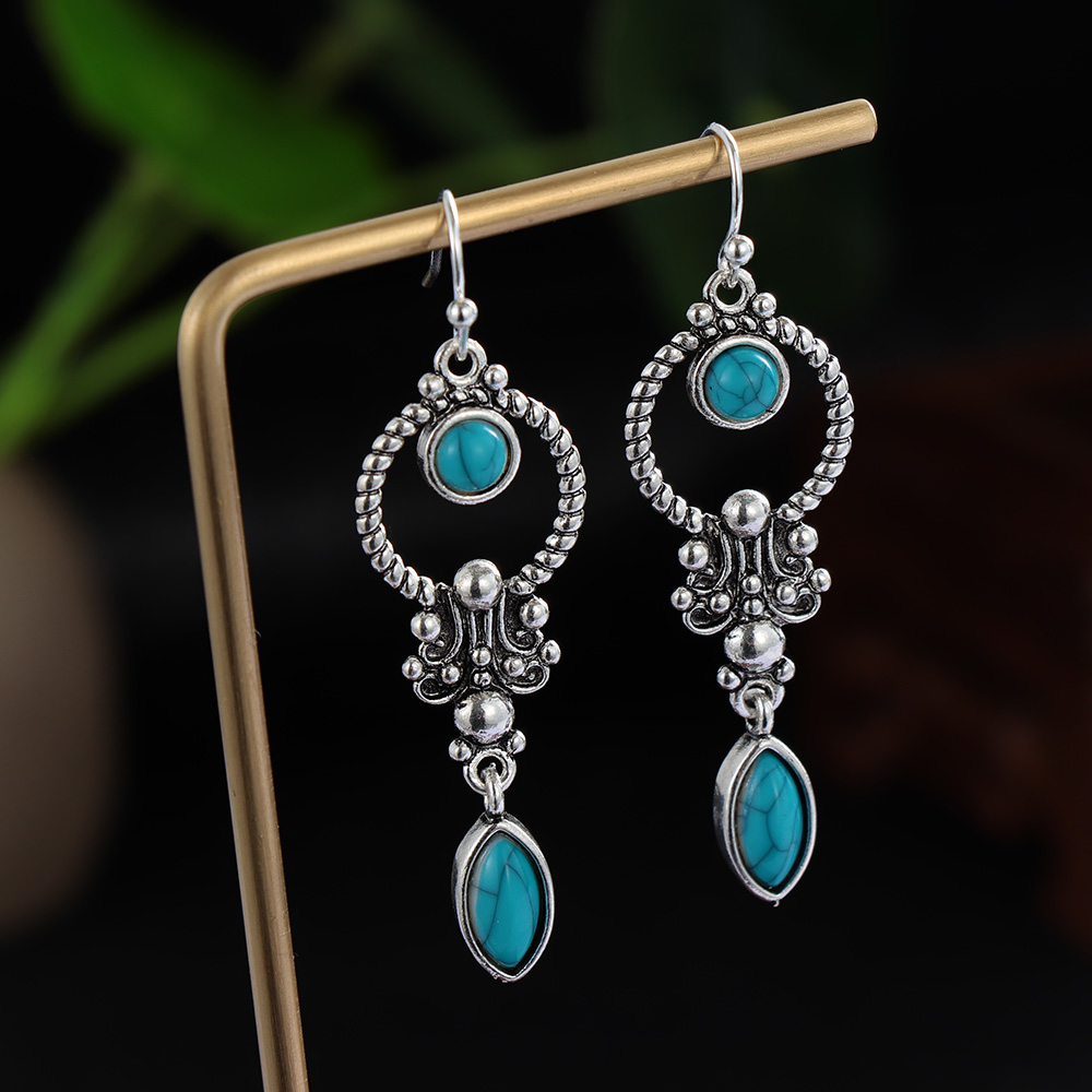 WENYOU Vintage Jewelry Party Gifts Wedding Engagement Dangle Hook Earring Turquoise Gemstone Natural Stone Pendant Retro Thai Silver