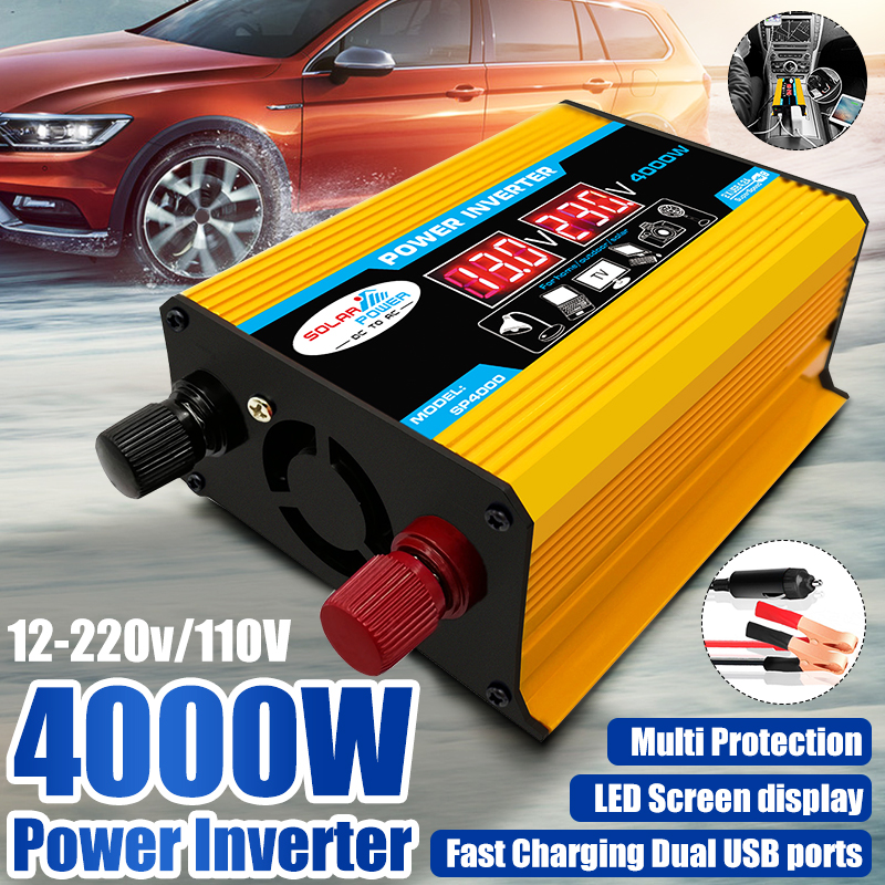 [ส่งจากภายในประเทศไทย+มีของ] 4000W 2แอลซีดี USB DC 12V 24V To AC  220V รถอินเวอร์เตอร์พลังงานแสงอาทิตย์ Converter【12-220V 】