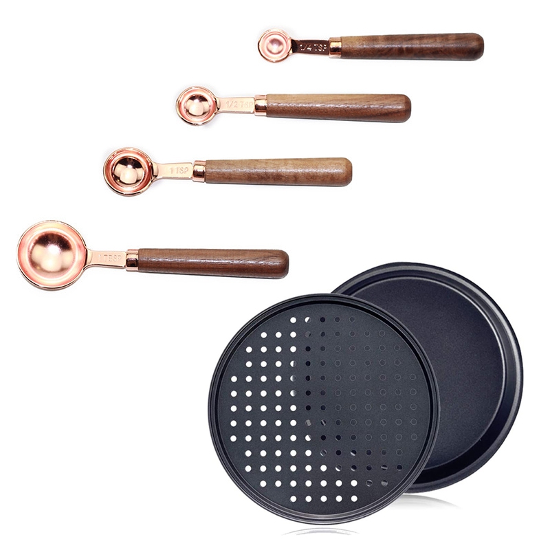 1 Set 12Inch Pizza Baking Plates Bakeware Pie Pan Crisper Tray with Hole & 4Pcs Wooden Handle Coffee Measuring Scoops