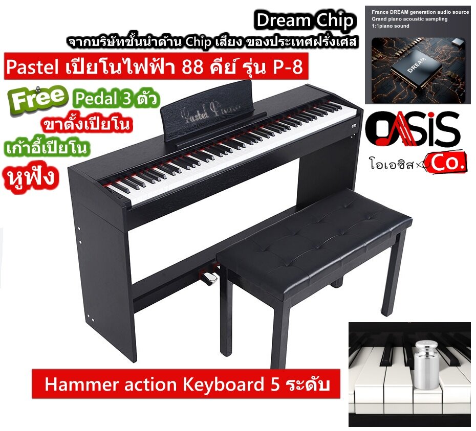(สีดำ/ส่งทุกวัน) เปียโนไฟฟ้า 88คีย์ Pastel P-8 เปียโน 88 Key รุ่นใหม่ ทัชชิ่งเยี่ยม เเบบ Hammer Action ฟรี ขาตั้ง เก้าอี้เปียโน Sustain และ Adapter