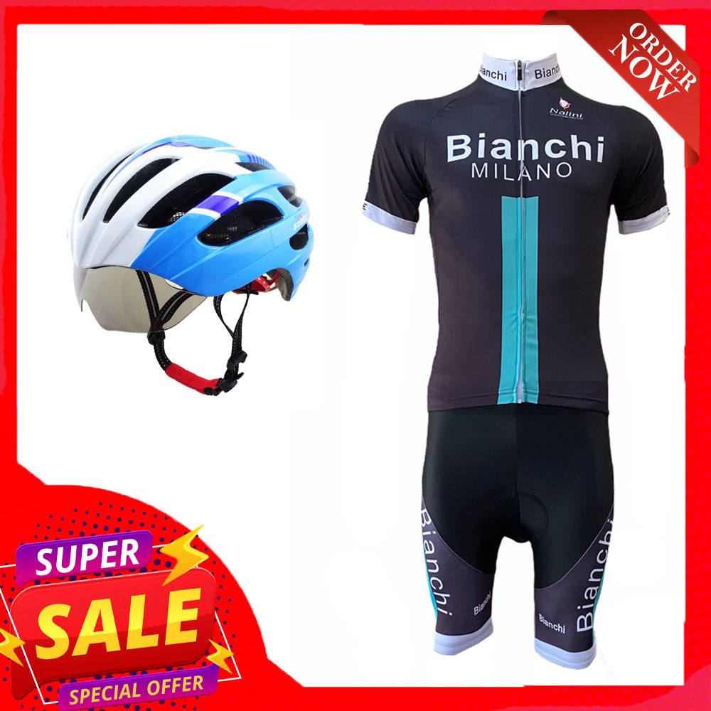Morning ชุดปั่นจักรยานผู้ชาย Bianchi สีดำ พร้อมDGROUPหมวกจักรยานแว่นตา