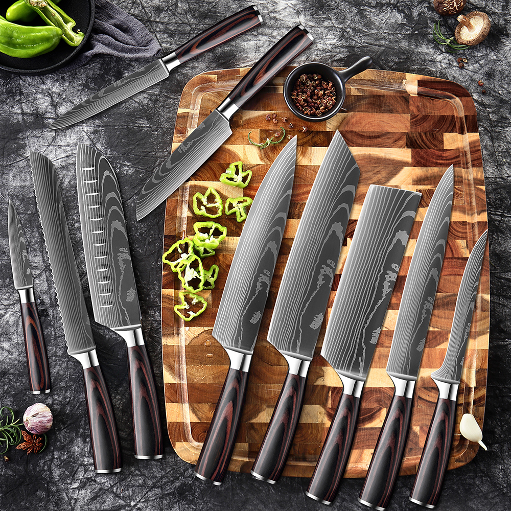 XITUO มีดทำครัว มีดทำครัวสแตนเลส มีดปังตอ Kitchen Knife Set Japanese Chef Knives Stainless Steel Cleaver Butcher Santoku Knife Tool Laser Damascus Pattern Blade New