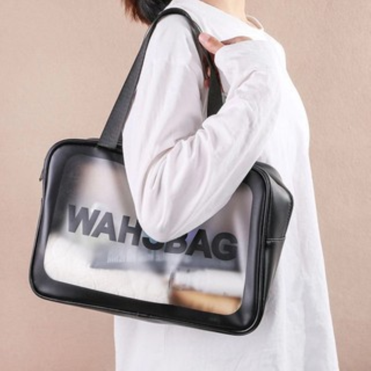 Wash bag ผู้หญิงกระเป๋ากันน้ำแบบพกพาMatteตัวอักษรรูปแบบZipperแต่งหน้ากระเป๋าสำหรับเดินทางธุรกิจท่องเที่ยว