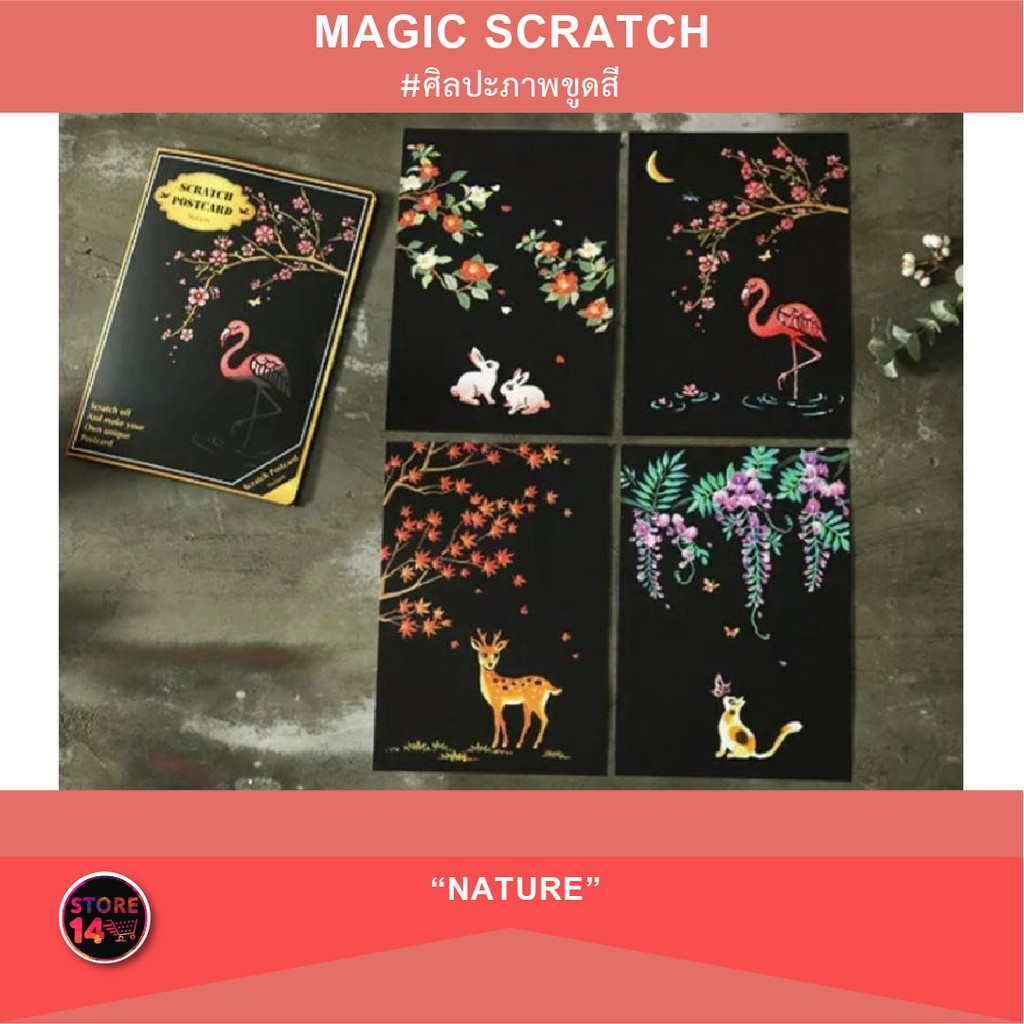 ♛  ชุด A5 Nature ศิลปะภาพขูด Magic Scratch แผ่นระบายสี ภาพขูดสี ชุดละ 4 แผ่น