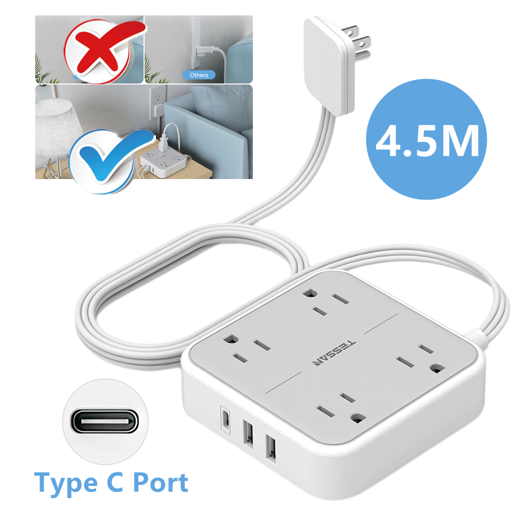 Flat Plug Power Strip with USB C , TESSAN 5 ft Ultra Thin Extension