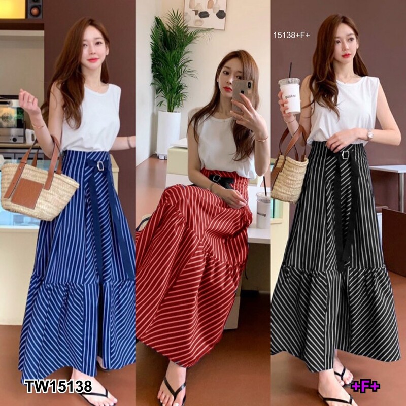 KT15138 Set 2 ชิ้น เสื้อแขนกุดสีพื้น ผ้าซาร่า + กระโปรงยาว ลายริ้ว - KT ...