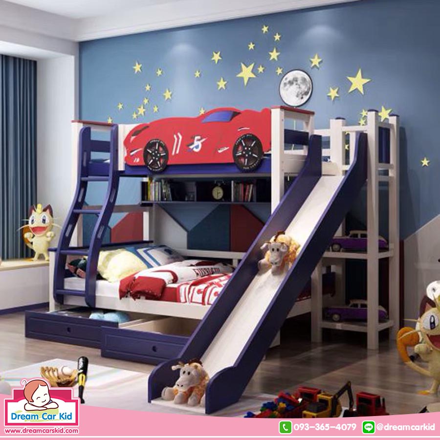 เตียง2ชั้นสไลเดอร์ รุ่น Super Car Bunk Bed ขนาด 5 ฟุต (ตัดบันไดข้่างเตียง) (มีให้เลือก2สี) เตียงสองชั้น เตียงสองชั้นสำหรับเด็กโต