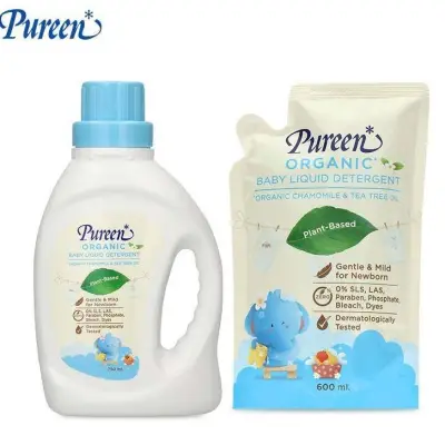 (แพ็คคู่) Pureen Organic เพียวรีน น้ำยาซักผ้า สูตรออร์แกนิค ขวด 750 ml. + รีฟีล 600 ml. (แถมฟรี ทิชชู่เปียกน้องช้าง)