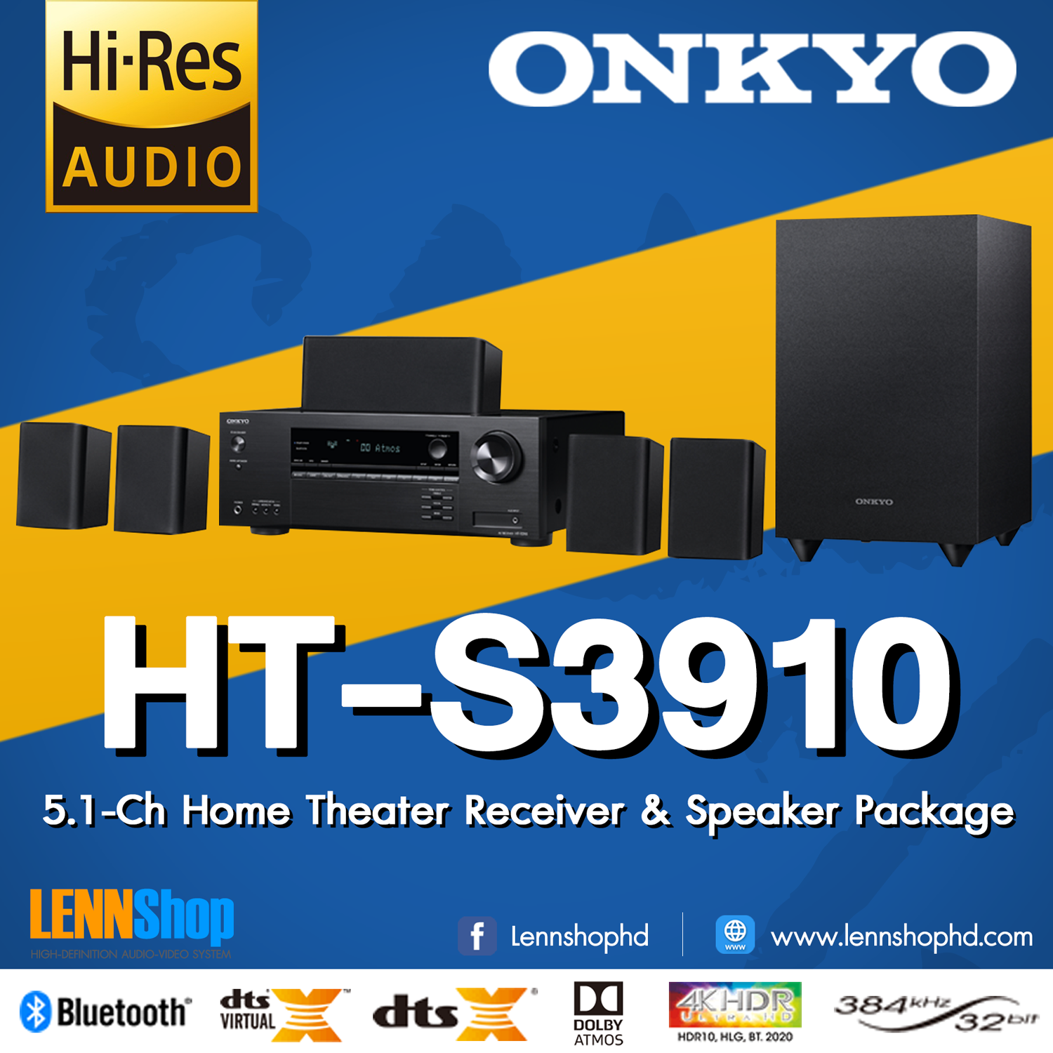 ONKYO HT-S3910 5.1-Ch Home Theater แอมป์พร้อมชุดลำโพง 5.1 ระบบเสียงล่าสุด Dolby Atmos / DTSX Onkyo 3910 รับประกัน 3ปี ศูนย์ PowerBuy โดย LENNSHOP ตัวแทนจำหน่ายอย่างเป็นทางการ / Onkyo hts3910 / lennshop