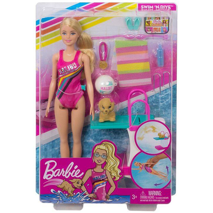 Barbie™ Dreamhouse Adventures Swim ‘n Dive™ Doll with Diving Board and Puppy เซท ตุ๊กตา บาร์บี้ ว่ายน้ำ พร้อม ลูกหมา GHK23