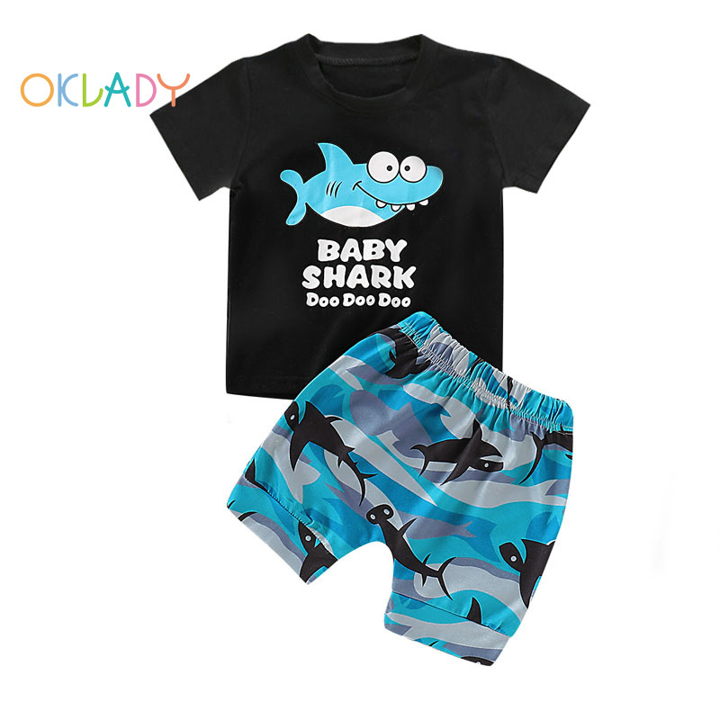 【OKLADY】Baby เสื้อผ้าเด็กฉลามขนาดเล็กพิมพ์เสื้อฤดูร้อนเสื้อแขนกุดสีดำ Tops และ Wave ชุดกางเกงสั้น Outfits จดหมายชุดกีฬา