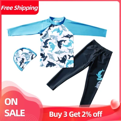 SYD Kids Boy Long-sleeved Split Dolphin Pattern Sun Protection Swimsuit Swimwear