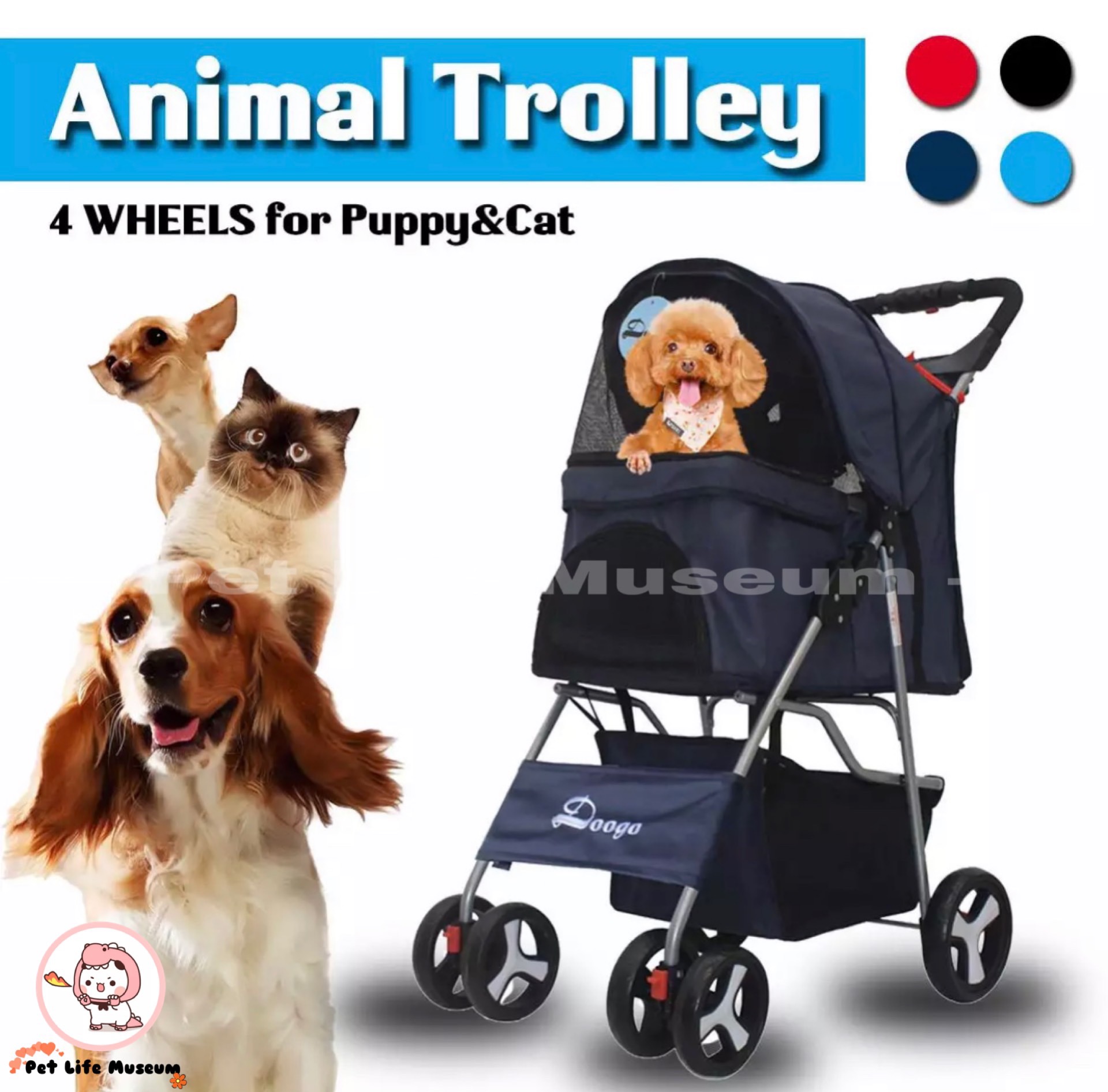 Pet ★Doogo - รถเข็นสุนัข, รถเข็นสัตว์เลี้ยง 4 ล้อ 4 wheeled animal cart (สูงสุด 15 กิโลกรัม) Pet trolley /Black dots