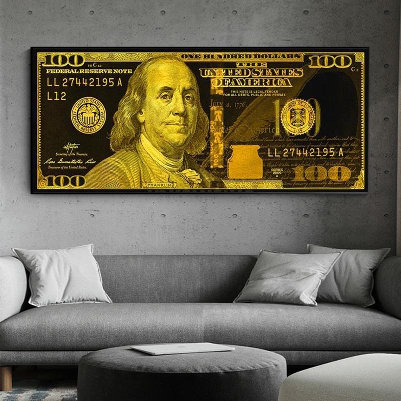 Golden Dollar Franklin Money Art 100 Dollar Canvas Painting Posters and Prints Canvas Painting